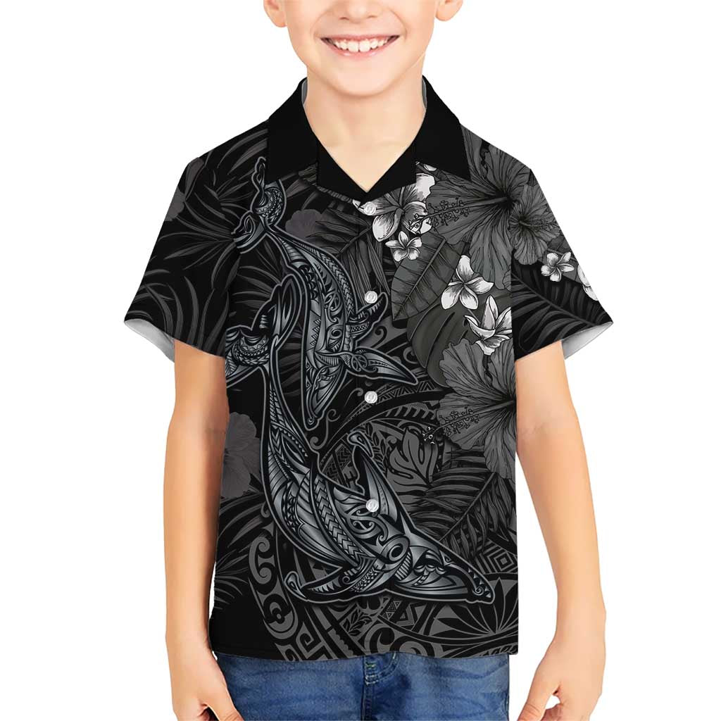 Hawaiian Tropical Plants and Tribal Whales Family Matching Summer Maxi Dress and Hawaiian Shirt Polynesian Art Tattoo Grayscale LT03 Son's Shirt Black - Polynesian Pride