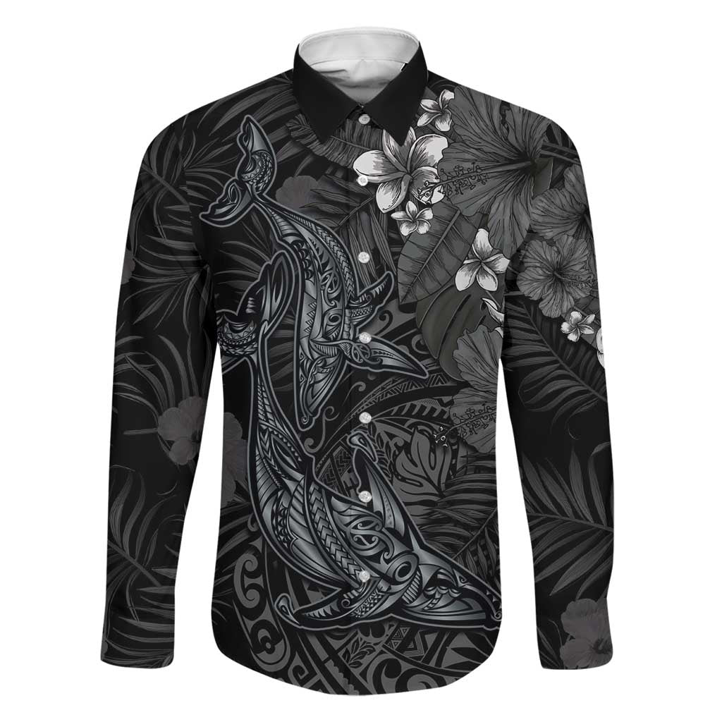 Hawaiian Tropical Plants and Tribal Whales Family Matching Tank Maxi Dress and Hawaiian Shirt Polynesian Art Tattoo Grayscale LT03 Dad's Shirt - Long Sleeve Black - Polynesian Pride