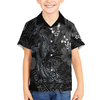 Hawaiian Tropical Plants and Tribal Whales Family Matching Tank Maxi Dress and Hawaiian Shirt Polynesian Art Tattoo Grayscale LT03 Son's Shirt Black - Polynesian Pride