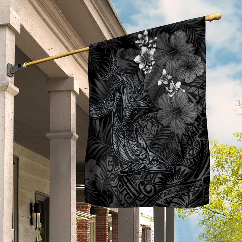 Hawaiian Tropical Plants and Tribal Whales Garden Flag Polynesian Art Tattoo Grayscale