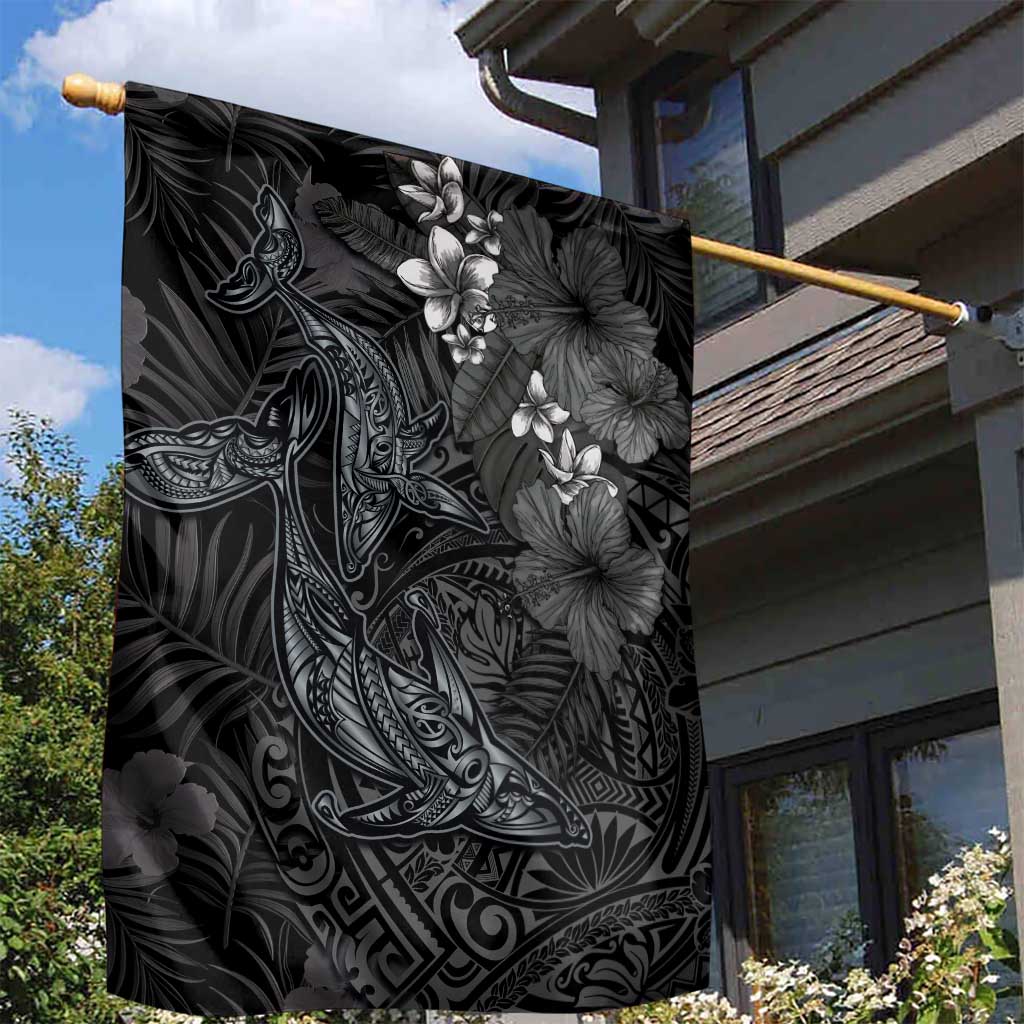 Hawaiian Tropical Plants and Tribal Whales Garden Flag Polynesian Art Tattoo Grayscale LT03 - Polynesian Pride