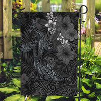 Hawaiian Tropical Plants and Tribal Whales Garden Flag Polynesian Art Tattoo Grayscale LT03 Garden Flag Black - Polynesian Pride