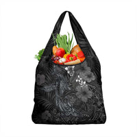 Hawaiian Tropical Plants and Tribal Whales Grocery Bag Polynesian Art Tattoo Grayscale