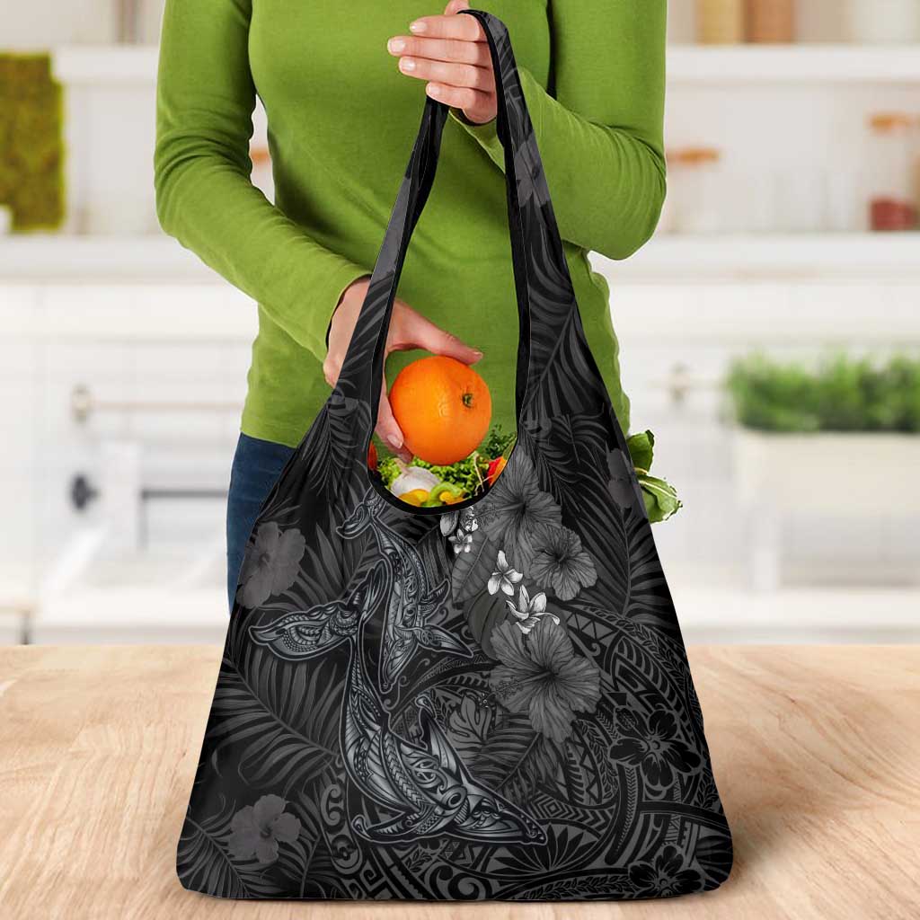 Hawaiian Tropical Plants and Tribal Whales Grocery Bag Polynesian Art Tattoo Grayscale