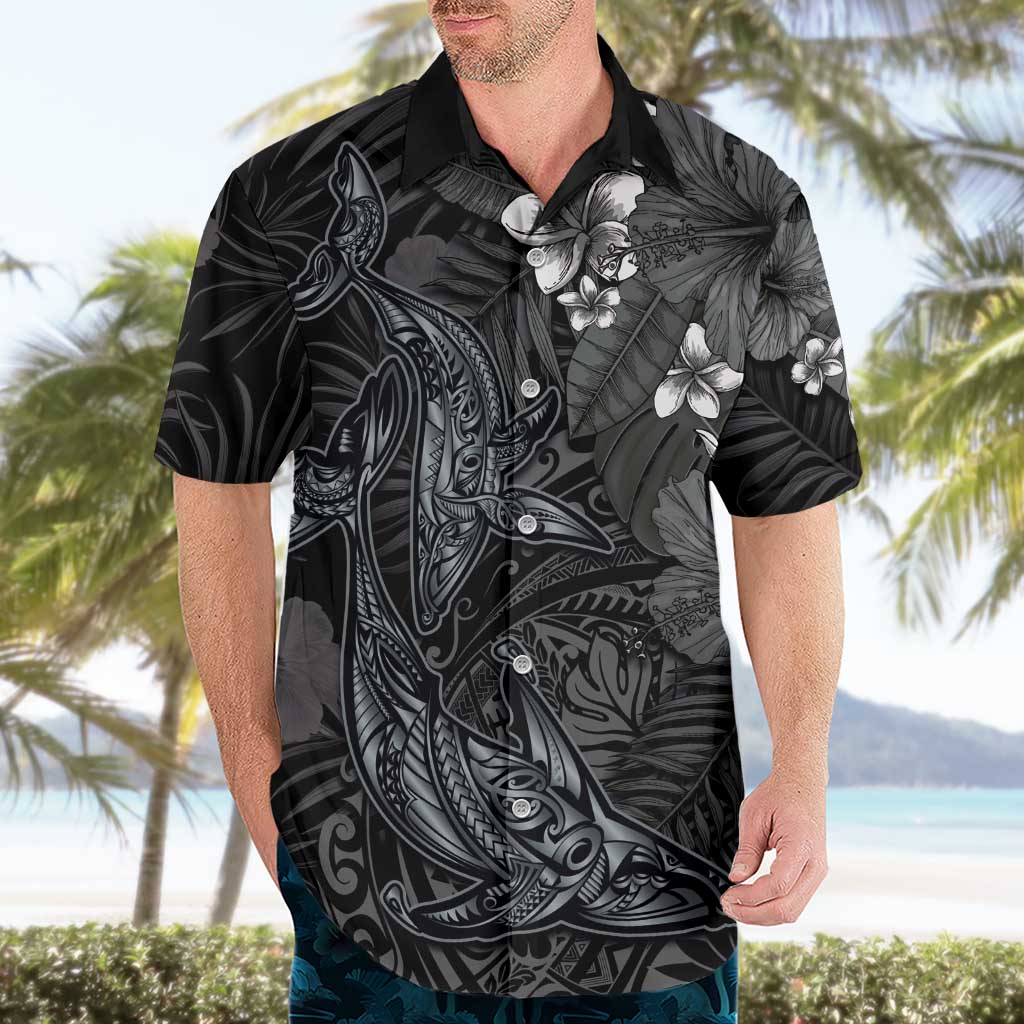 Hawaiian Tropical Plants and Tribal Whales Hawaiian Shirt Polynesian Art Tattoo Grayscale LT03 - Polynesian Pride