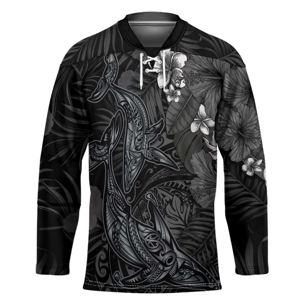 Hawaiian Tropical Plants and Tribal Whales Hockey Jersey Polynesian Art Tattoo Grayscale LT03 Unisex Black - Polynesian Pride