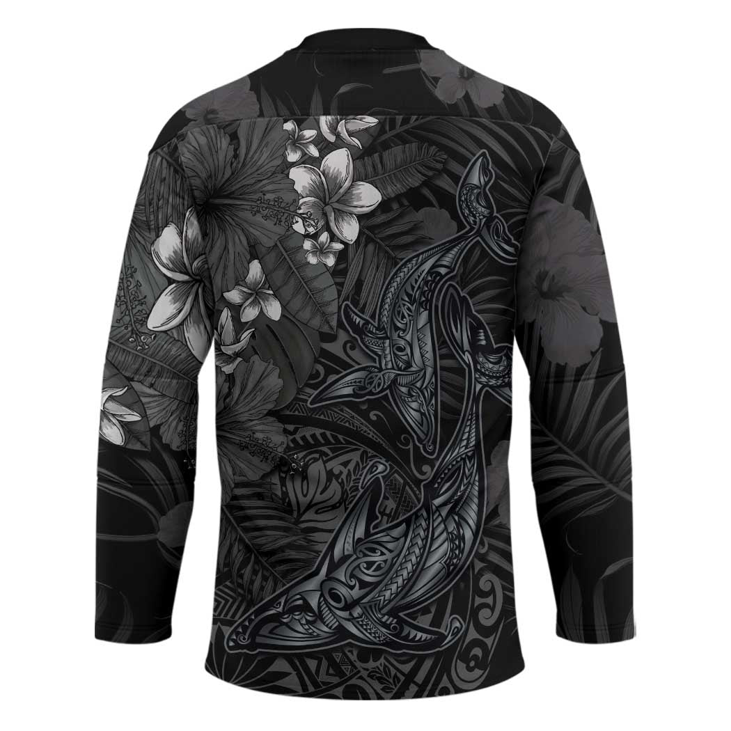 Hawaiian Tropical Plants and Tribal Whales Hockey Jersey Polynesian Art Tattoo Grayscale LT03 - Polynesian Pride
