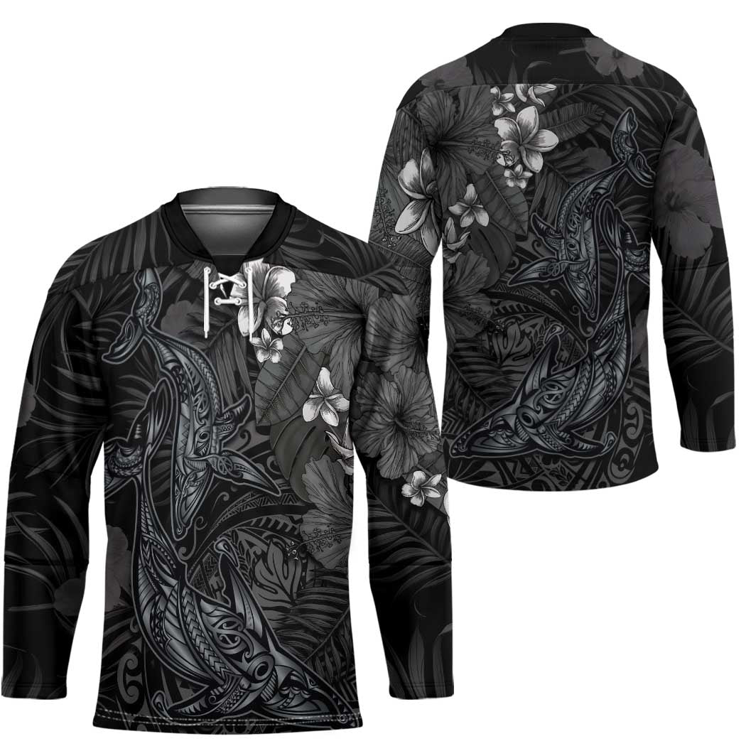 Hawaiian Tropical Plants and Tribal Whales Hockey Jersey Polynesian Art Tattoo Grayscale LT03 - Polynesian Pride