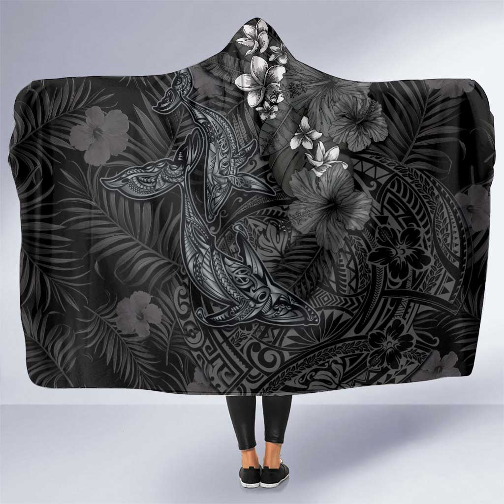 Hawaiian Tropical Plants and Tribal Whales Hooded Blanket Polynesian Art Tattoo Grayscale