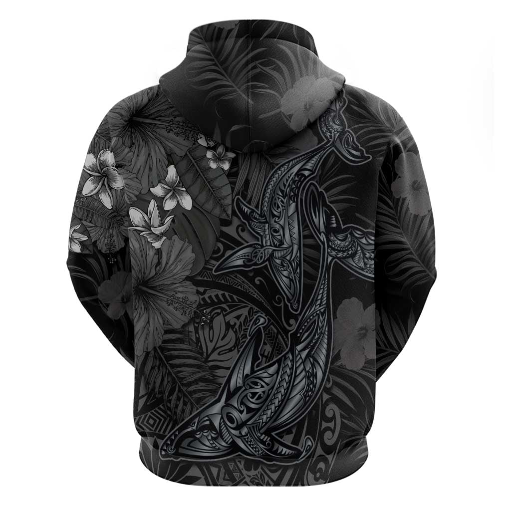 Hawaiian Tropical Plants and Tribal Whales Hoodie Polynesian Art Tattoo Grayscale LT03 - Polynesian Pride