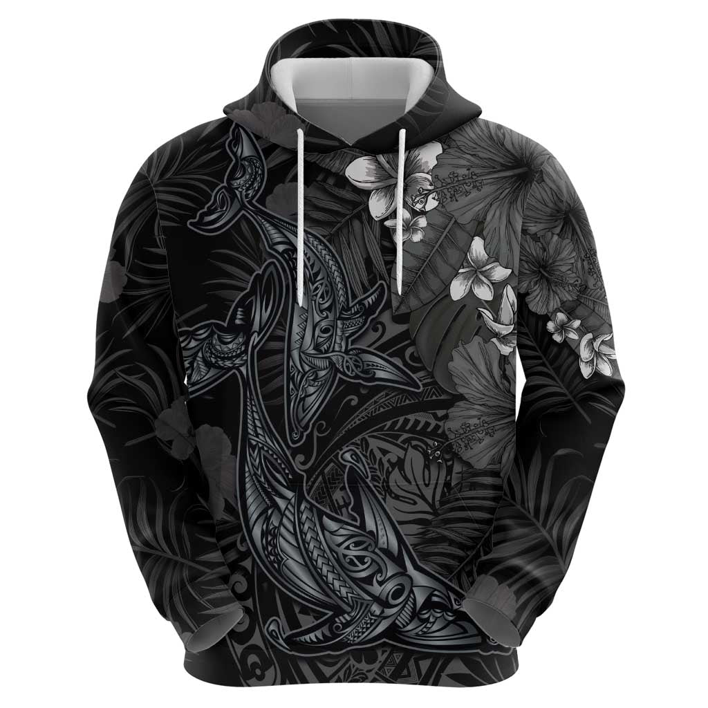 Hawaiian Tropical Plants and Tribal Whales Hoodie Polynesian Art Tattoo Grayscale LT03 - Polynesian Pride