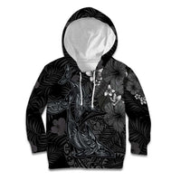 Hawaiian Tropical Plants and Tribal Whales Kid Hoodie Polynesian Art Tattoo Grayscale LT03 Hoodie Black - Polynesian Pride
