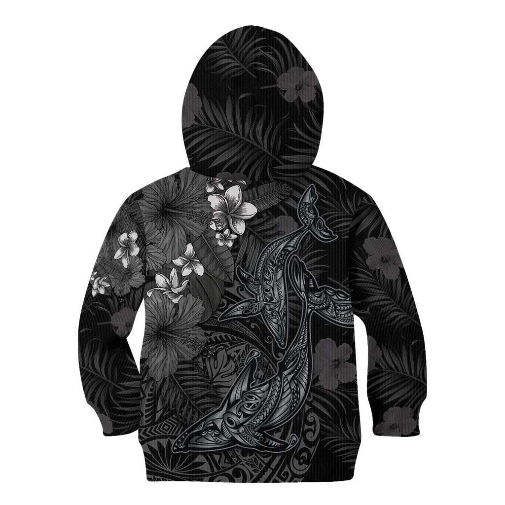 Hawaiian Tropical Plants and Tribal Whales Kid Hoodie Polynesian Art Tattoo Grayscale LT03 - Polynesian Pride