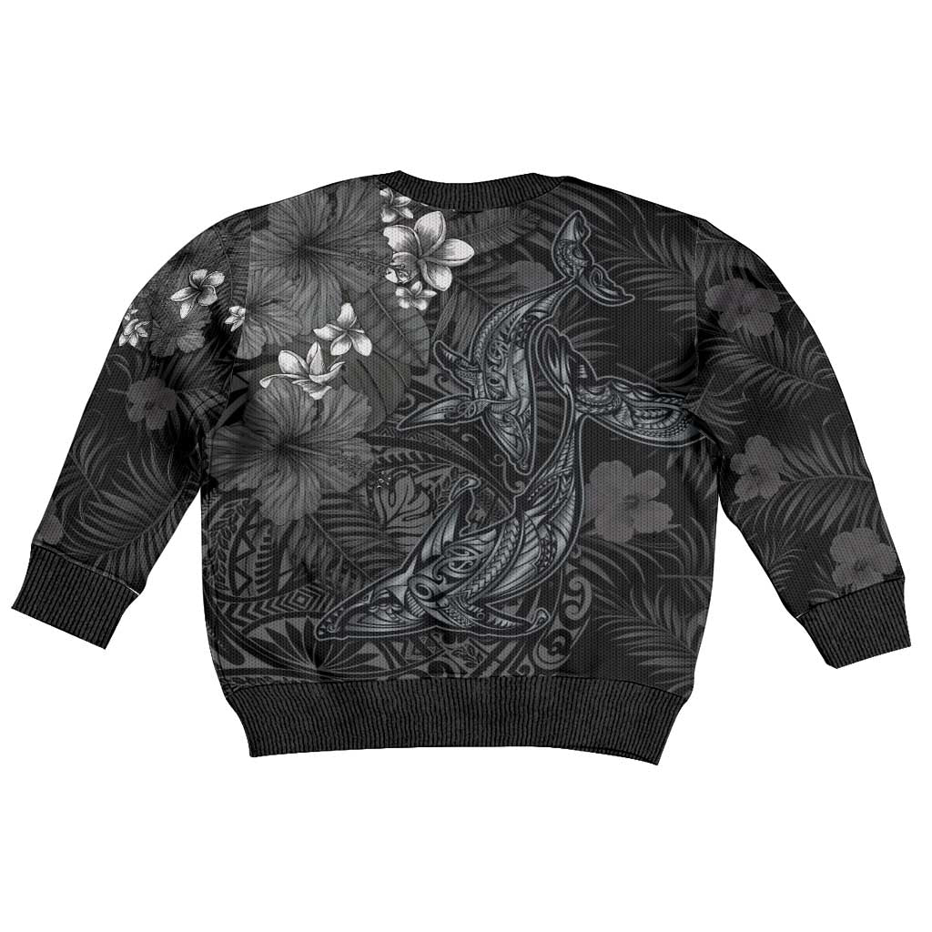 Hawaiian Tropical Plants and Tribal Whales Kid Ugly Christmas Sweater Polynesian Art Tattoo Grayscale LT03 - Polynesian Pride