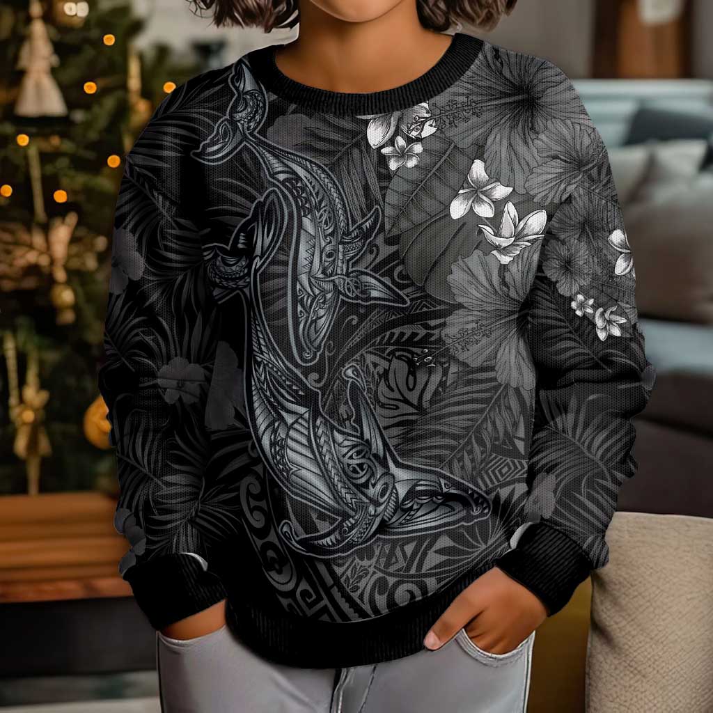 Hawaiian Tropical Plants and Tribal Whales Kid Ugly Christmas Sweater Polynesian Art Tattoo Grayscale LT03 - Polynesian Pride