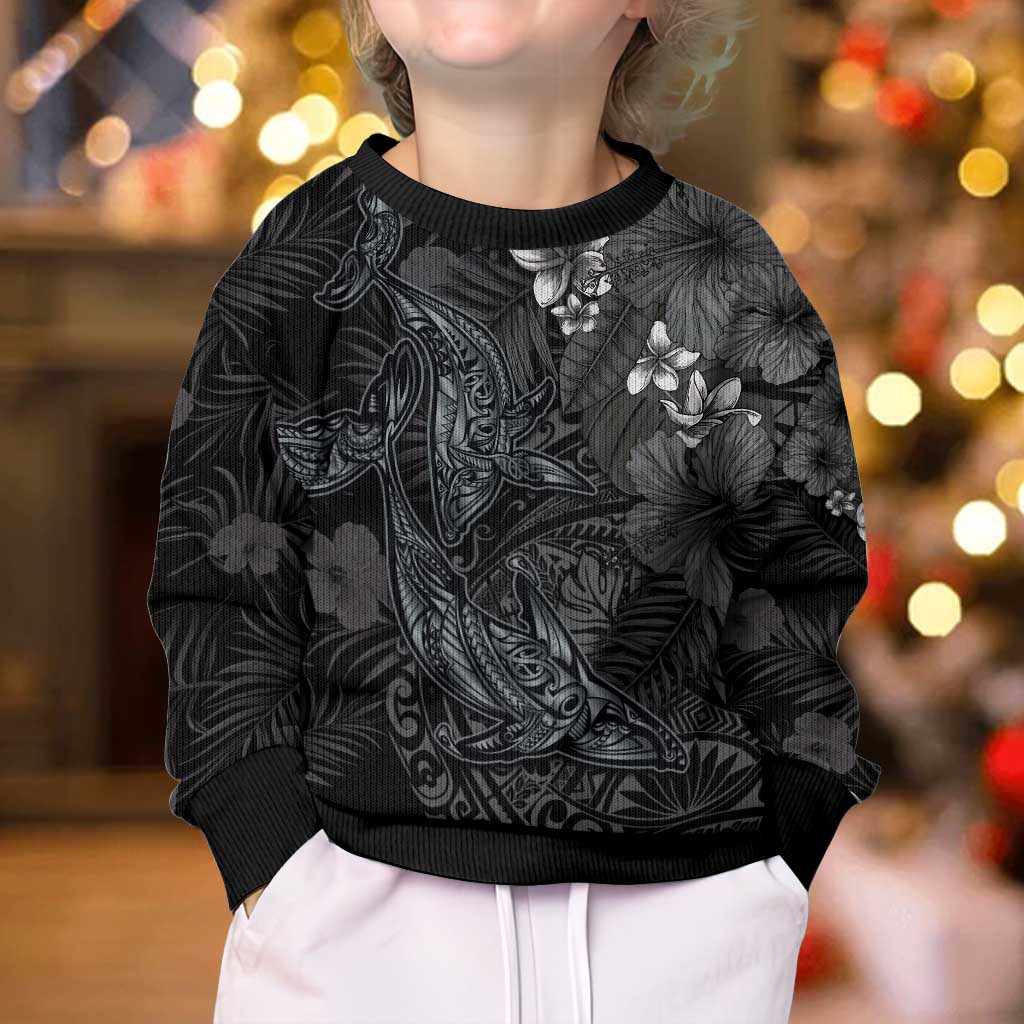 Hawaiian Tropical Plants and Tribal Whales Kid Ugly Christmas Sweater Polynesian Art Tattoo Grayscale LT03 - Polynesian Pride