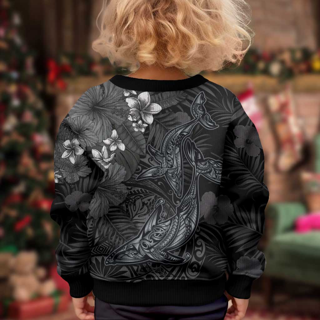 Hawaiian Tropical Plants and Tribal Whales Kid Ugly Christmas Sweater Polynesian Art Tattoo Grayscale LT03 - Polynesian Pride