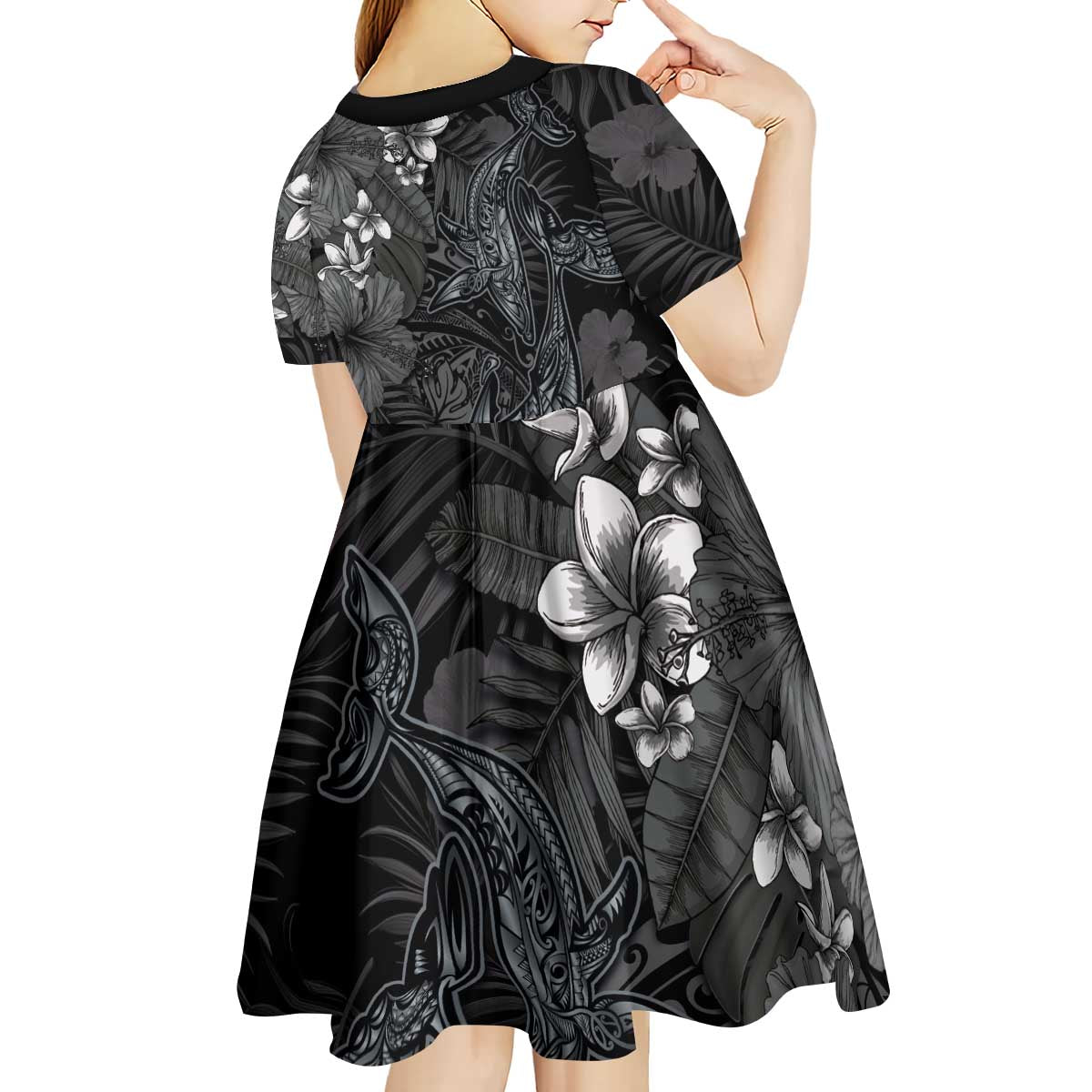 Hawaiian Tropical Plants and Tribal Whales Kid Short Sleeve Dress Polynesian Art Tattoo Grayscale LT03 - Polynesian Pride