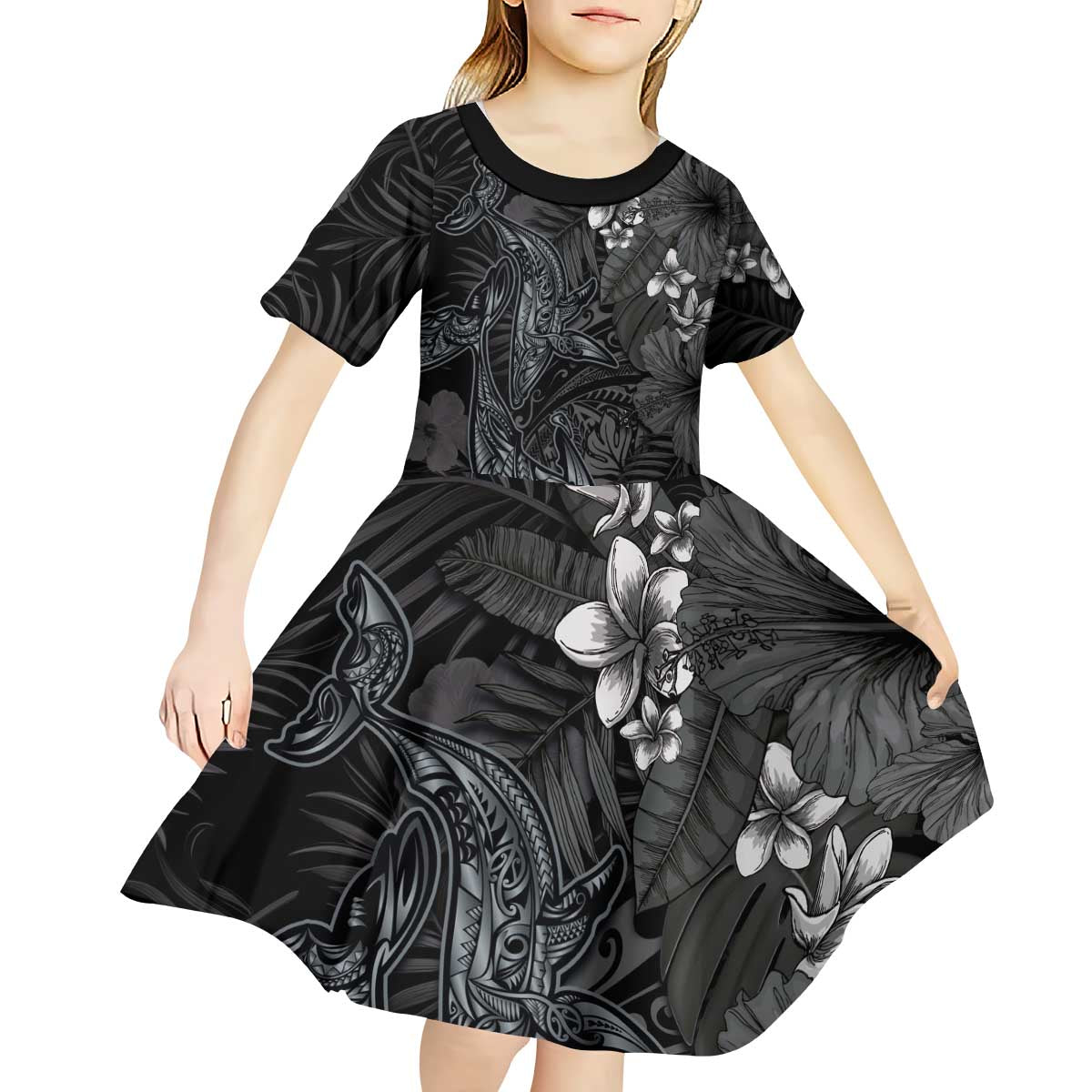 Hawaiian Tropical Plants and Tribal Whales Kid Short Sleeve Dress Polynesian Art Tattoo Grayscale LT03 - Polynesian Pride