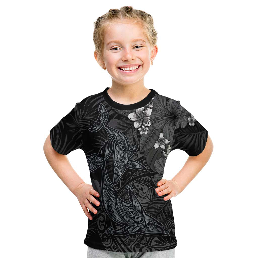 Hawaiian Tropical Plants and Tribal Whales Kid T Shirt Polynesian Art Tattoo Grayscale