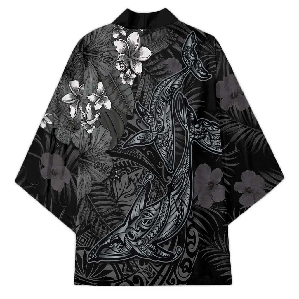Hawaiian Tropical Plants and Tribal Whales Kimono Polynesian Art Tattoo Grayscale