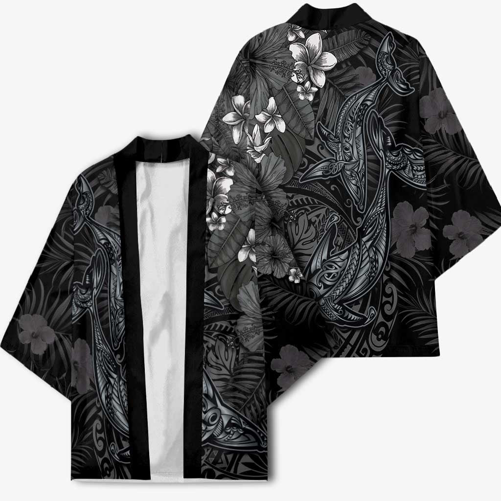 Hawaiian Tropical Plants and Tribal Whales Kimono Polynesian Art Tattoo Grayscale
