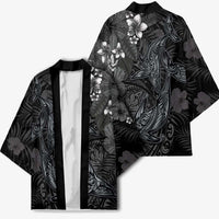 Hawaiian Tropical Plants and Tribal Whales Kimono Polynesian Art Tattoo Grayscale