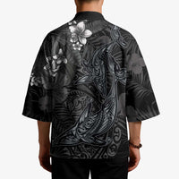 Hawaiian Tropical Plants and Tribal Whales Kimono Polynesian Art Tattoo Grayscale