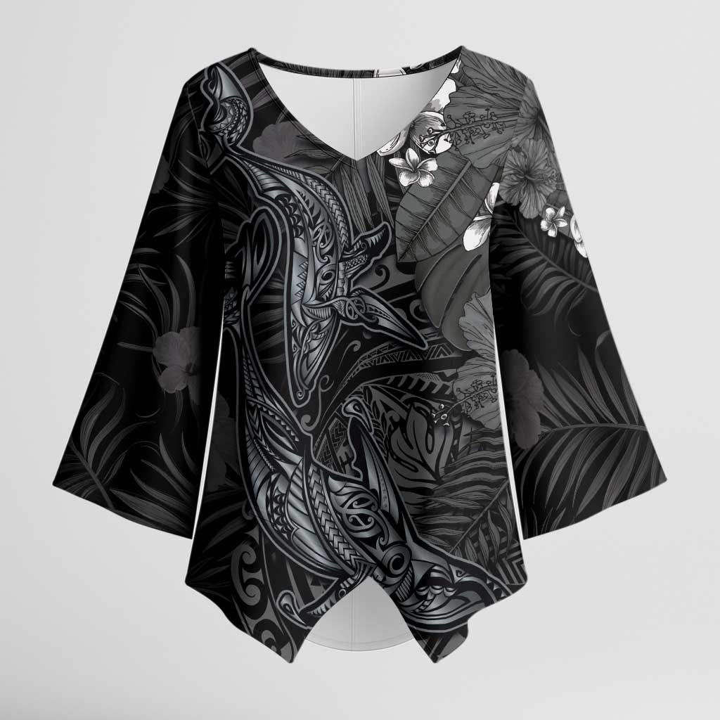 Hawaiian Tropical Plants and Tribal Whales Kimono Sleeve Blouse Polynesian Art Tattoo Grayscale