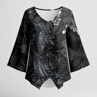 Hawaiian Tropical Plants and Tribal Whales Kimono Sleeve Blouse Polynesian Art Tattoo Grayscale LT03 Female Black - Polynesian Pride