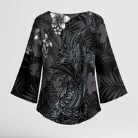 Hawaiian Tropical Plants and Tribal Whales Kimono Sleeve Blouse Polynesian Art Tattoo Grayscale LT03 - Polynesian Pride