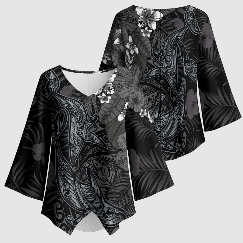 Hawaiian Tropical Plants and Tribal Whales Kimono Sleeve Blouse Polynesian Art Tattoo Grayscale LT03 - Polynesian Pride