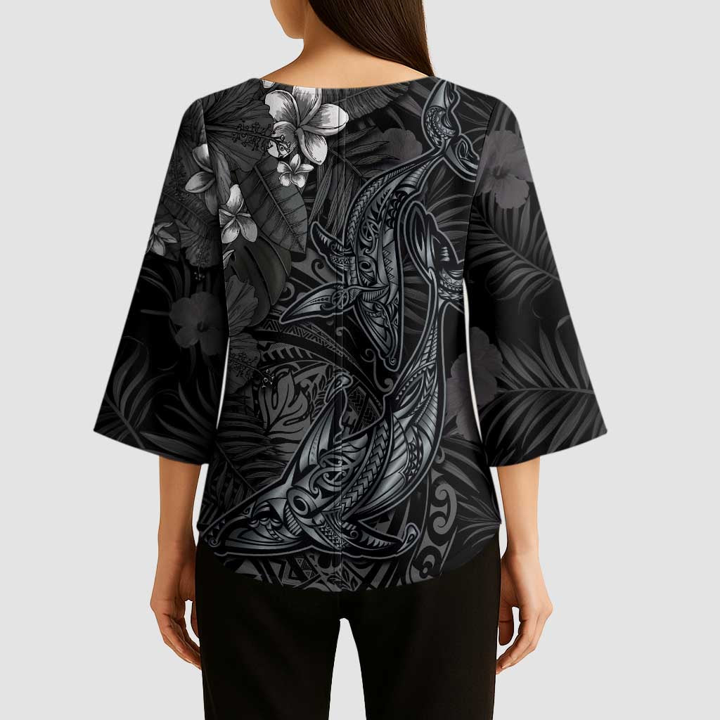 Hawaiian Tropical Plants and Tribal Whales Kimono Sleeve Blouse Polynesian Art Tattoo Grayscale LT03 - Polynesian Pride