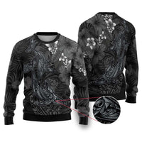 Hawaiian Tropical Plants and Tribal Whales Ugly Christmas Sweater Polynesian Art Tattoo Grayscale LT03 Black - Polynesian Pride