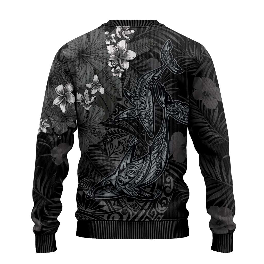 Hawaiian Tropical Plants and Tribal Whales Ugly Christmas Sweater Polynesian Art Tattoo Grayscale LT03 - Polynesian Pride
