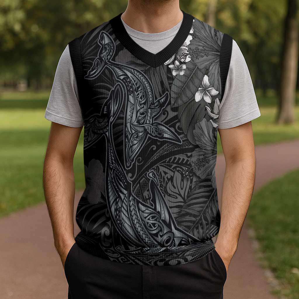 Hawaiian Tropical Plants and Tribal Whales Christmas Knitted V-Neck Vest Polynesian Art Tattoo Grayscale LT03 - Polynesian Pride