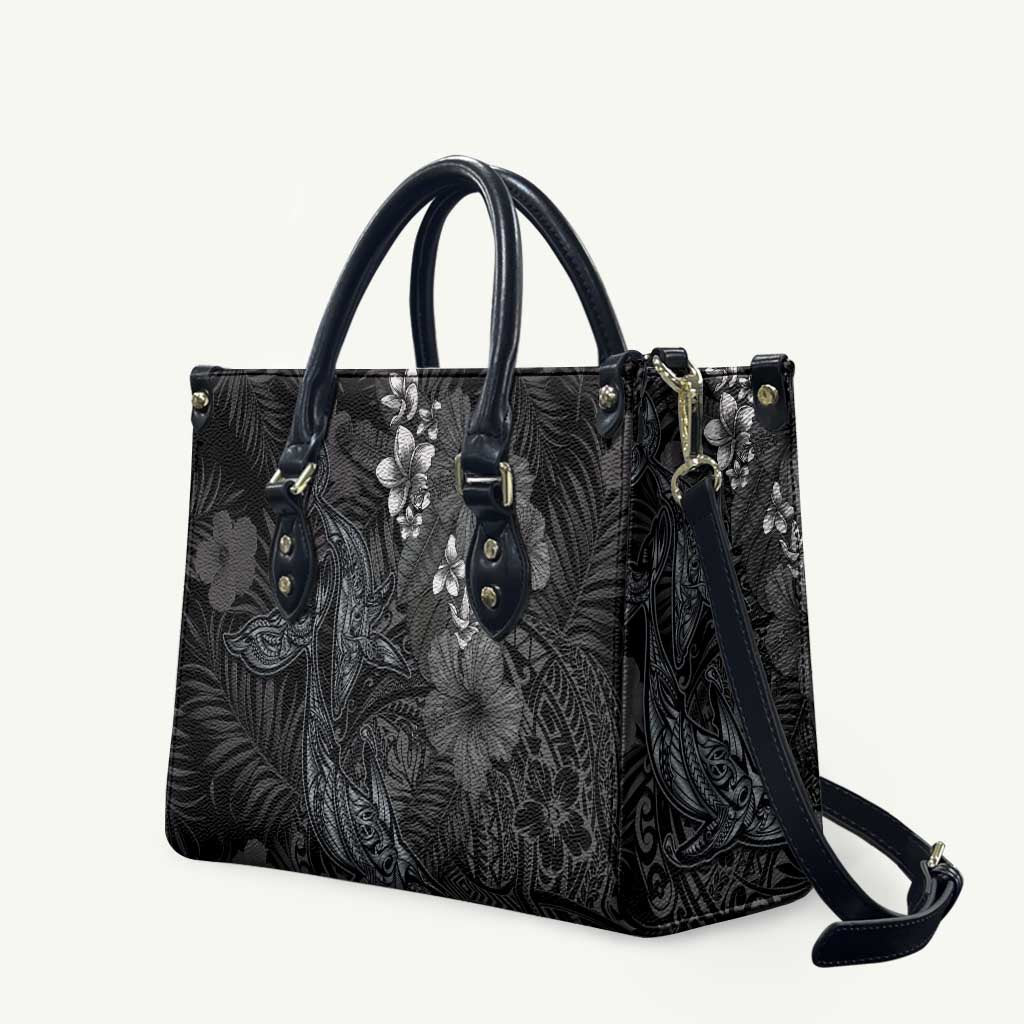 Hawaiian Tropical Plants and Tribal Whales Leather Bag Polynesian Art Tattoo Grayscale