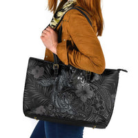 Hawaiian Tropical Plants and Tribal Whales Leather Tote Bag Polynesian Art Tattoo Grayscale LT03 Black - Polynesian Pride