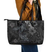 Hawaiian Tropical Plants and Tribal Whales Leather Tote Bag Polynesian Art Tattoo Grayscale LT03 - Polynesian Pride