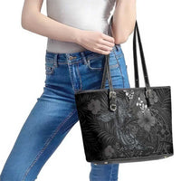 Hawaiian Tropical Plants and Tribal Whales Leather Tote Bag Polynesian Art Tattoo Grayscale LT03 - Polynesian Pride