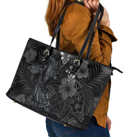 Hawaiian Tropical Plants and Tribal Whales Leather Tote Bag Polynesian Art Tattoo Grayscale LT03 - Polynesian Pride