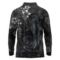 Hawaiian Tropical Plants and Tribal Whales Long Sleeve Polo Shirt Polynesian Art Tattoo Grayscale LT03 - Polynesian Pride
