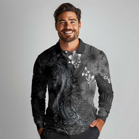 Hawaiian Tropical Plants and Tribal Whales Long Sleeve Polo Shirt Polynesian Art Tattoo Grayscale LT03 - Polynesian Pride