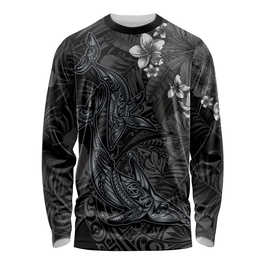 Hawaiian Tropical Plants and Tribal Whales Long Sleeve Shirt Polynesian Art Tattoo Grayscale LT03 Unisex Black - Polynesian Pride