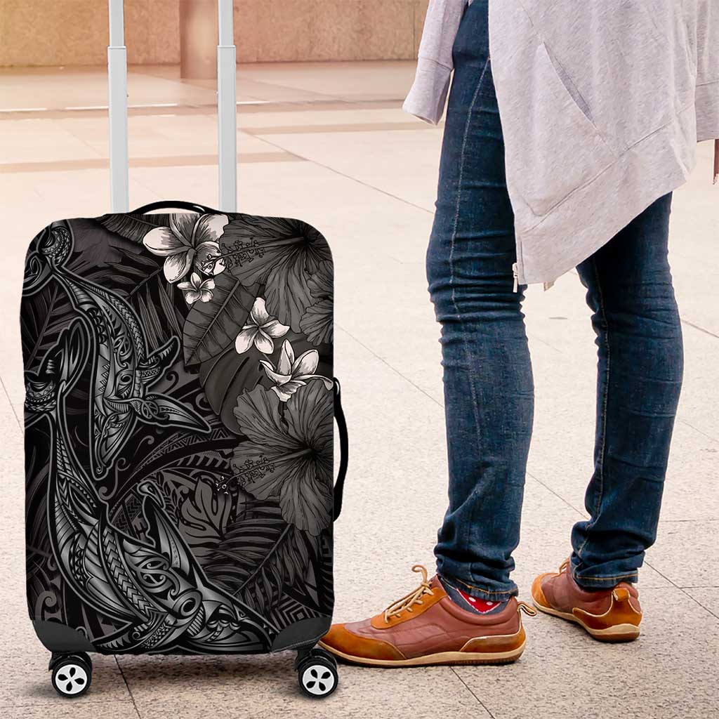 Hawaiian Tropical Plants and Tribal Whales Luggage Cover Polynesian Art Tattoo Grayscale LT03 Black - Polynesian Pride