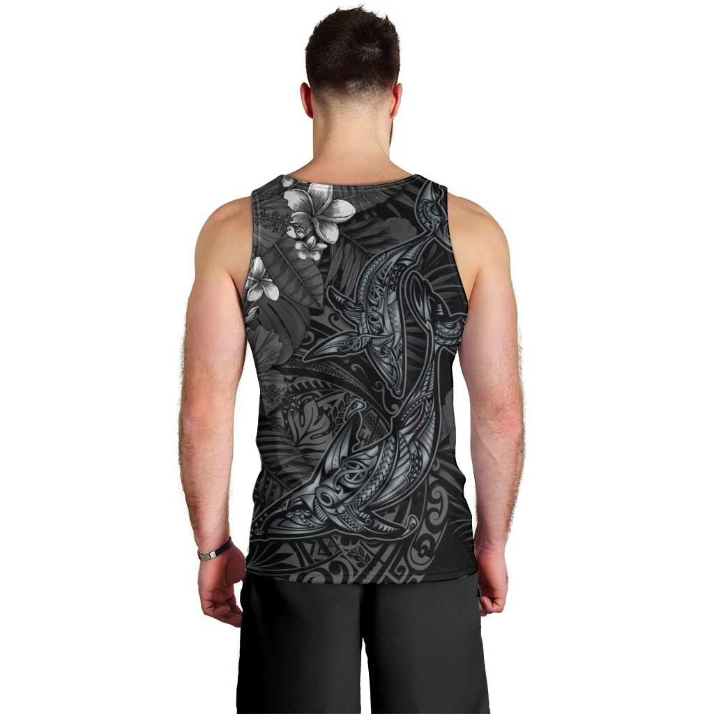 Hawaiian Tropical Plants and Tribal Whales Men Tank Top Polynesian Art Tattoo Grayscale LT03 - Polynesian Pride