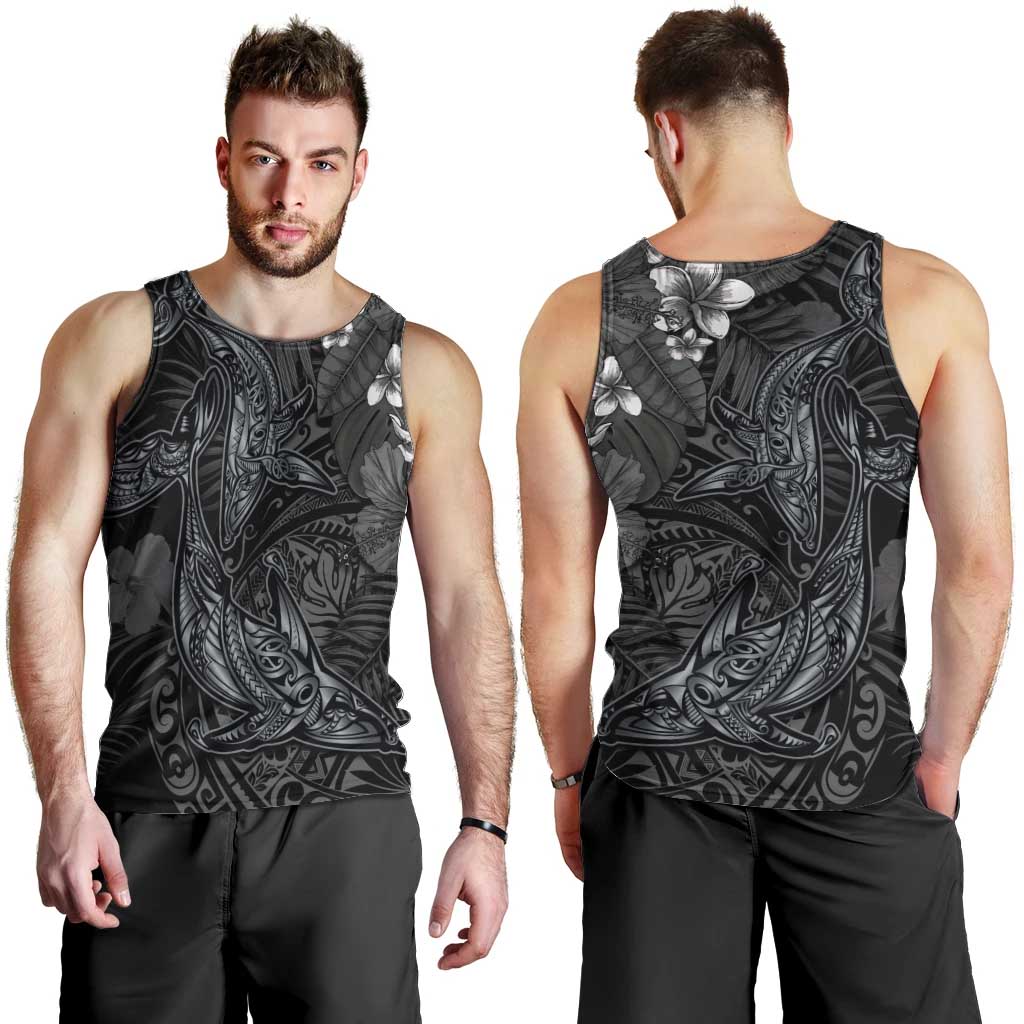 Hawaiian Tropical Plants and Tribal Whales Men Tank Top Polynesian Art Tattoo Grayscale LT03 - Polynesian Pride