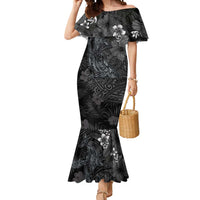 Hawaiian Tropical Plants and Tribal Whales Mermaid Dress Polynesian Art Tattoo Grayscale LT03 Women Black - Polynesian Pride