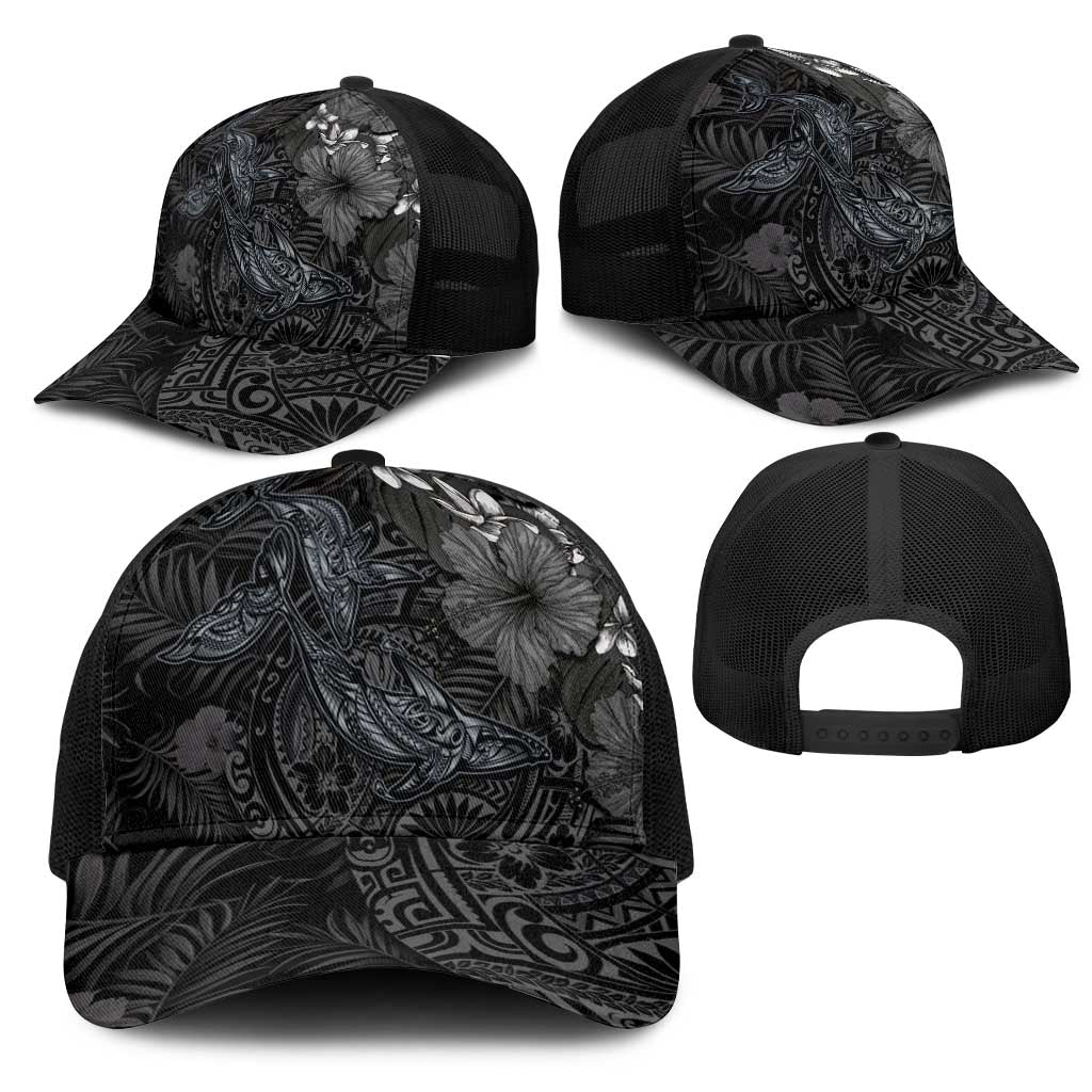 Hawaiian Tropical Plants and Tribal Whales Mesh Trucker Cap Polynesian Art Tattoo Grayscale