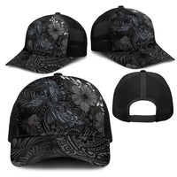 Hawaiian Tropical Plants and Tribal Whales Mesh Trucker Cap Polynesian Art Tattoo Grayscale